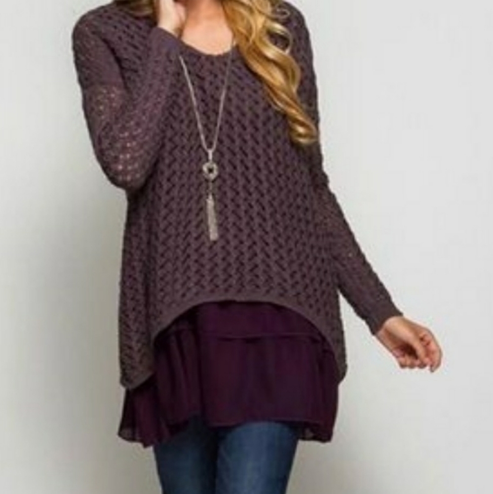 She & Sky Purple Open Knit High Low Tunic …